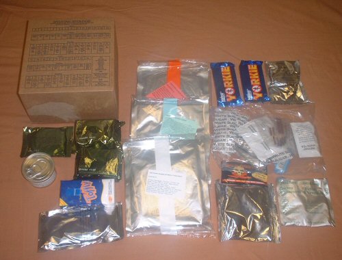Exploded view of the ration pack, showing typical contents range.